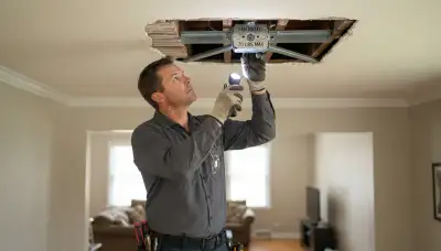 Electrician inspects ceiling box support for fan installation in Peoria, IL