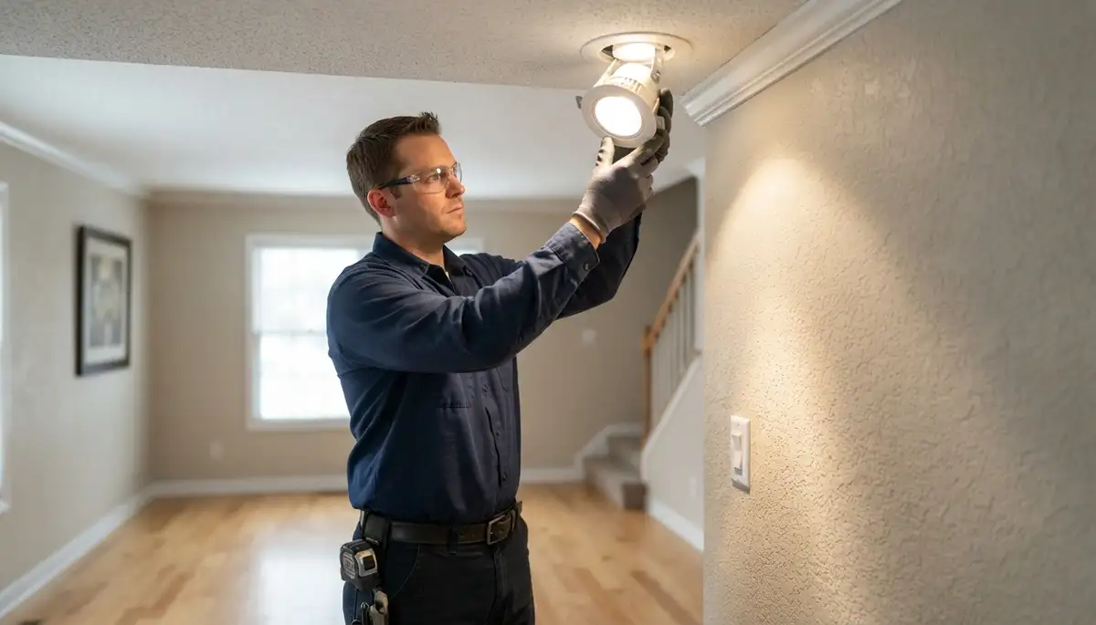 Electrician aims a new lighting fixture and tests dimmer controls in a Peoria, IL home