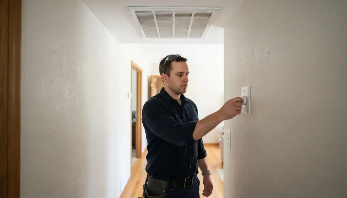 Electrician adjusts whole-house fan speed control in a Peoria, IL home