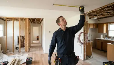 Technician measures ceiling placement for fire alarm devices during home installation in Peoria, IL