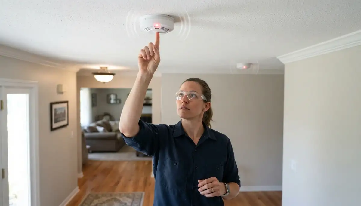 Electrician presses test button on interconnected smoke detector in Peoria, IL home
