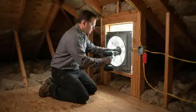 Electrician mounting an attic fan in a Peoria, IL home gable wall opening