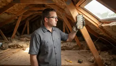 Electrician measures attic heat with a thermometer for attic fan installation in Peoria, IL
