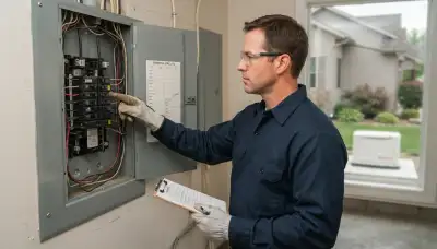 Electrician tracing critical circuits in an open panel for generator sizing in Peoria, IL