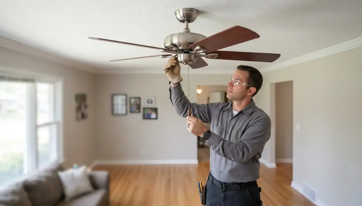 Peoria, IL electrician checks ceiling fan balance and speed by pulling the control chain after installation