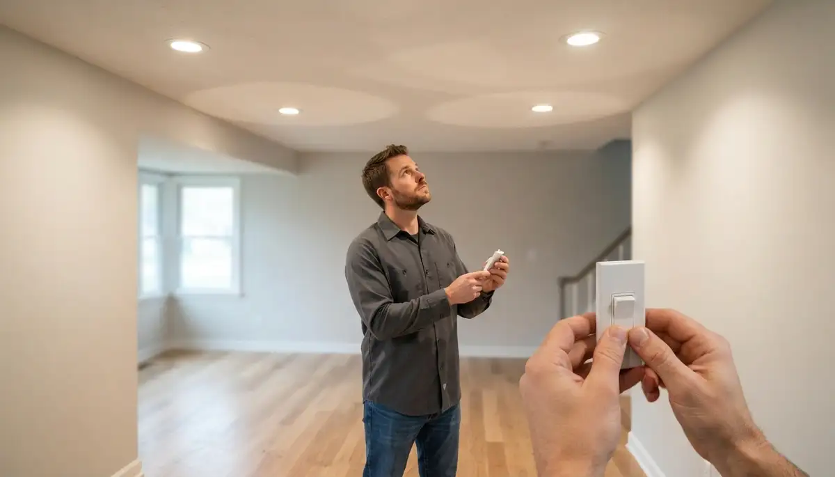 Electrician in Peoria, IL adjusts a dimmer while verifying even beam coverage from recessed lights