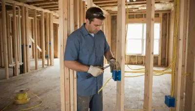 Electrician installing device boxes and cable for new construction wiring in Peoria, IL