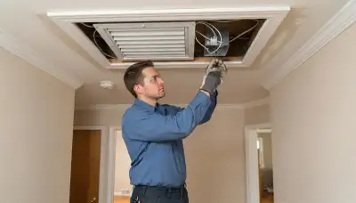 Electrician installs a whole-house fan ceiling unit and insulated damper in a Peoria, IL home