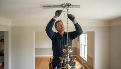 Electrician installing chandelier wiring on a rated ceiling brace in a Peoria, IL home
