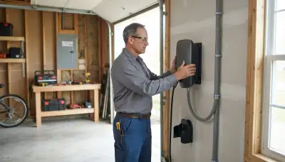 Electrician mounting an EV charger on a garage bracket with dedicated circuit conduit in Peoria, IL
