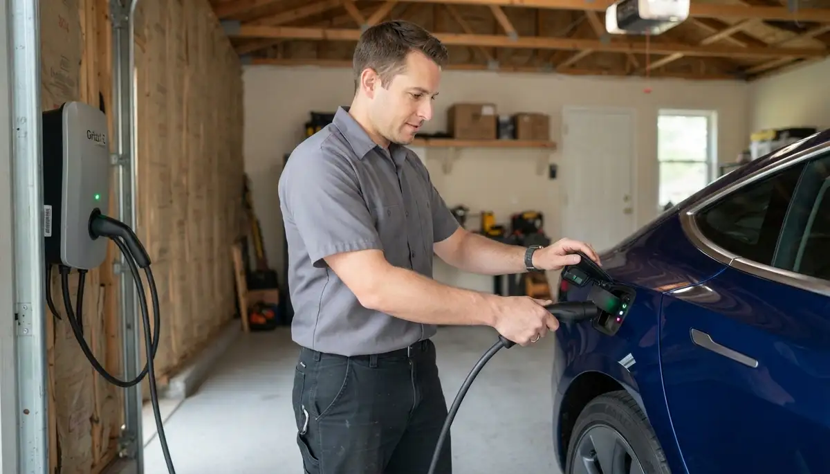 Technician verifies a home EV charger by connecting the cable to a vehicle in Peoria, IL