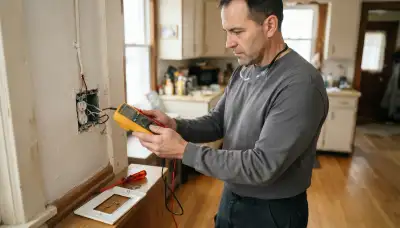 Peoria, IL electrician tests a de-energized branch circuit with a multimeter at an open receptacle