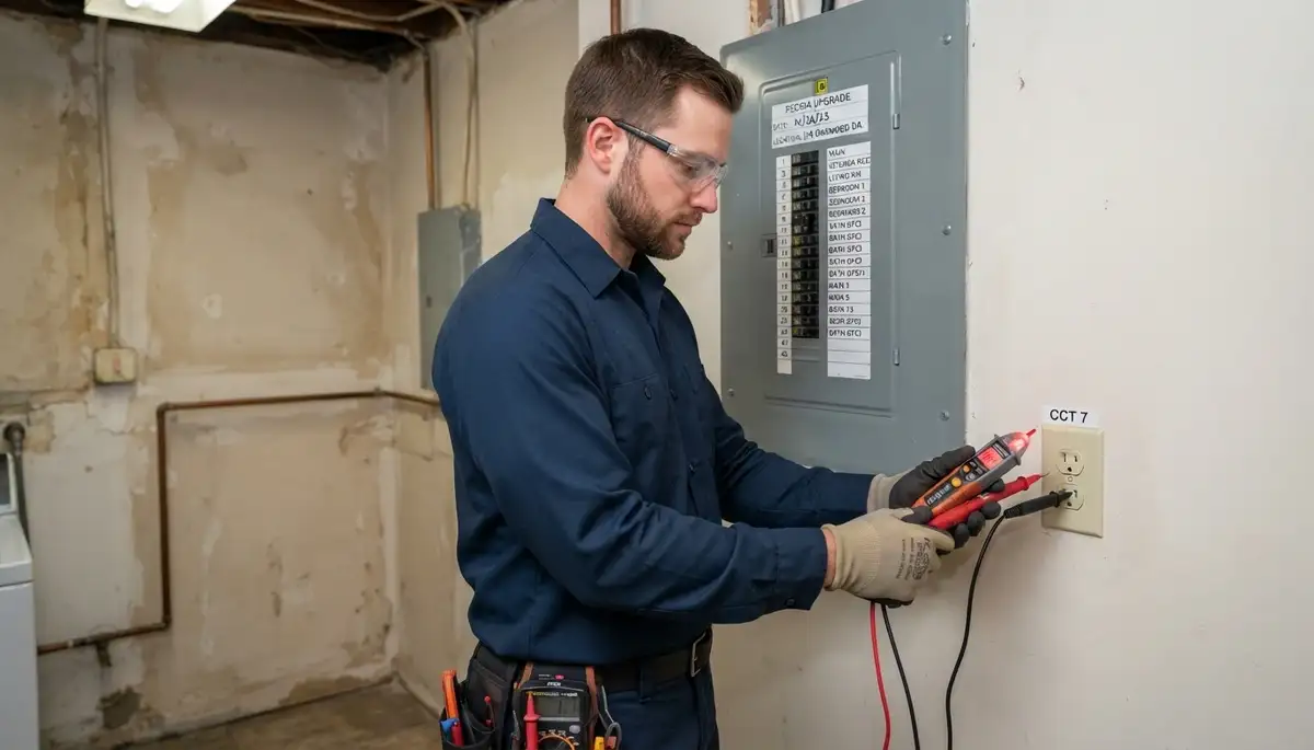 Peoria, IL electrician testing labeled circuits after an electrical panel upgrade with a voltage tester