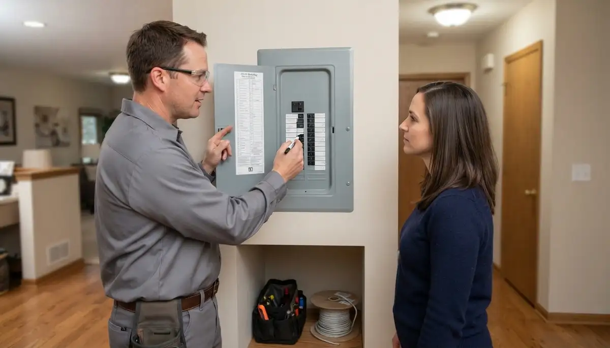 Licensed electrician in Peoria, IL reviews completed panel work and updates the circuit directory with a homeowner