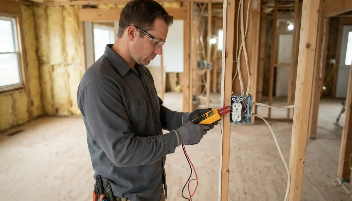 Peoria, IL electrician tests electrical wiring continuity and polarity with a multimeter before drywall installation