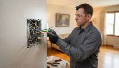 Electrician assesses gang box wiring for programmable lighting scenes in a Peoria, IL home