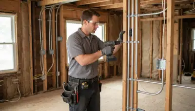 Electrician fastening conduit and electrical boxes to wall framing during a Peoria, IL installation