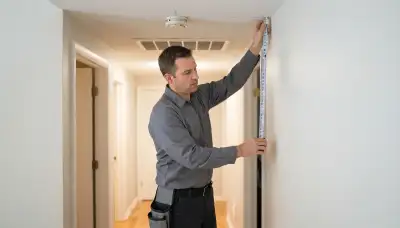 Peoria, IL electrician measures smoke detector placement in a hallway outside bedrooms