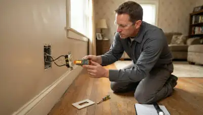 Electrician testing wall receptacle wiring and grounding during a home electrical inspection in Peoria, IL