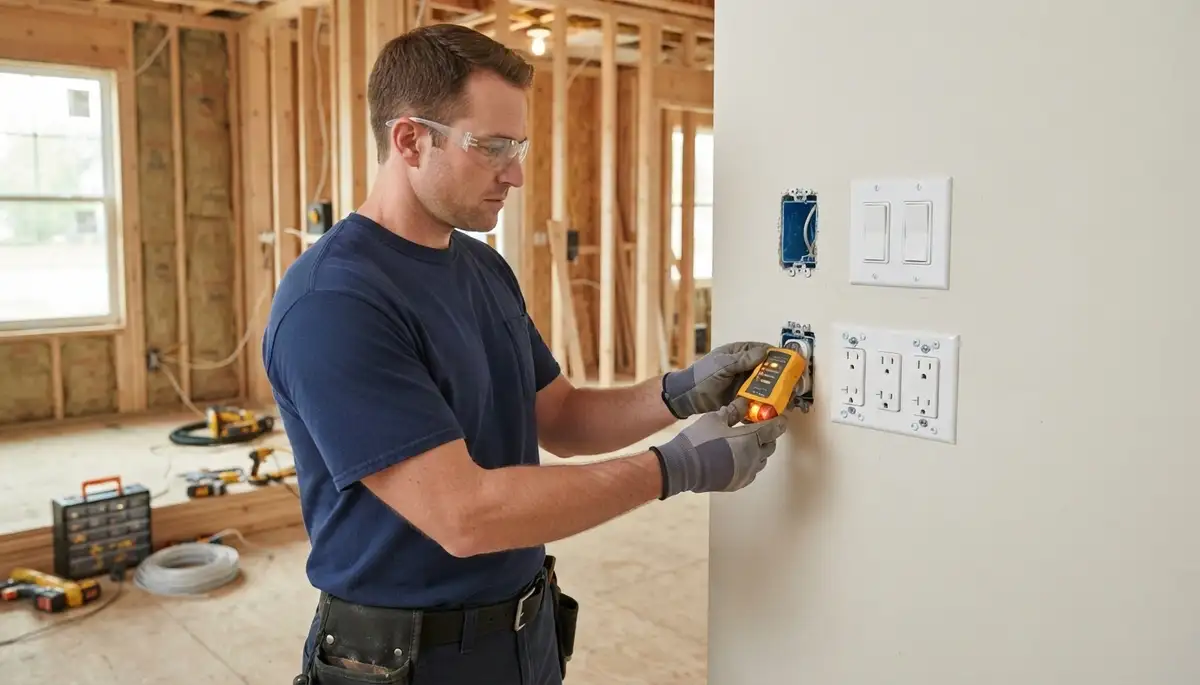 Electrician installs receptacles and switches, testing new construction circuits in a Peoria, IL home