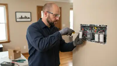 Electrician installs programmable dimmers and controller in a Peoria, IL home with circuits safely locked off