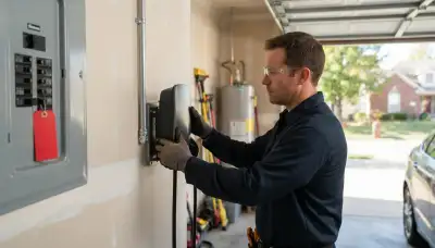 Electrician installing an EV charger and dedicated garage circuit in Creve Coeur, IL