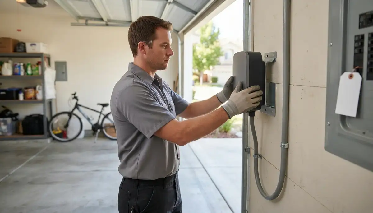 Electrician installing an EV charger on a dedicated 240-volt circuit in a Deer Creek, IL garage