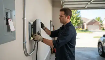 Electrician installing a Level 2 EV charger at a Dunlap, IL home
