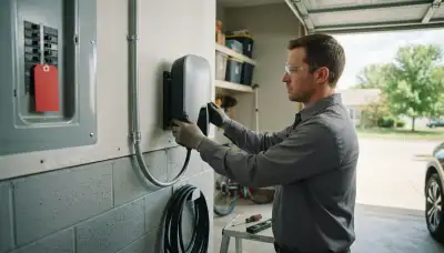 Electrician installing a wall-mounted EV charger in a Germantown Hills, IL garage