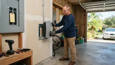 Electrician installing a 240-volt EV charger with conduit at a Peoria, IL home