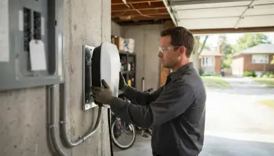 Electric vehicle charger installation by a Peoria, IL electrician in a residential garage