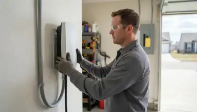 Electrician installing a Level 2 EV charger on a dedicated 240-volt circuit in a Morton, IL garage