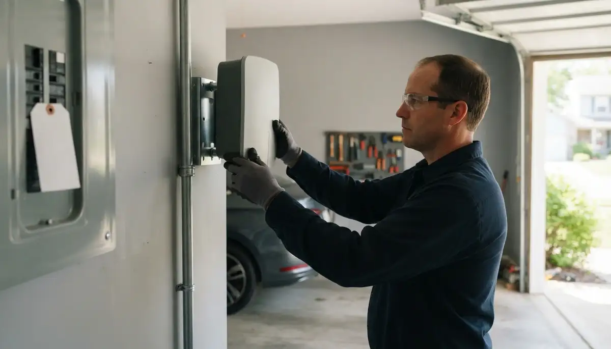 Electrician installing an EV charger and dedicated circuit for a Pekin, IL home