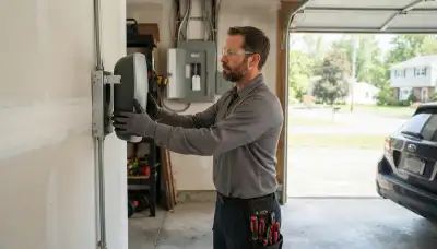Electrician installs a 240-volt EV charger in a Trivoli, IL garage