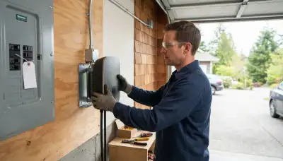 EV charger installation with garage wall conduit and dedicated circuit by a Peoria, IL electrician