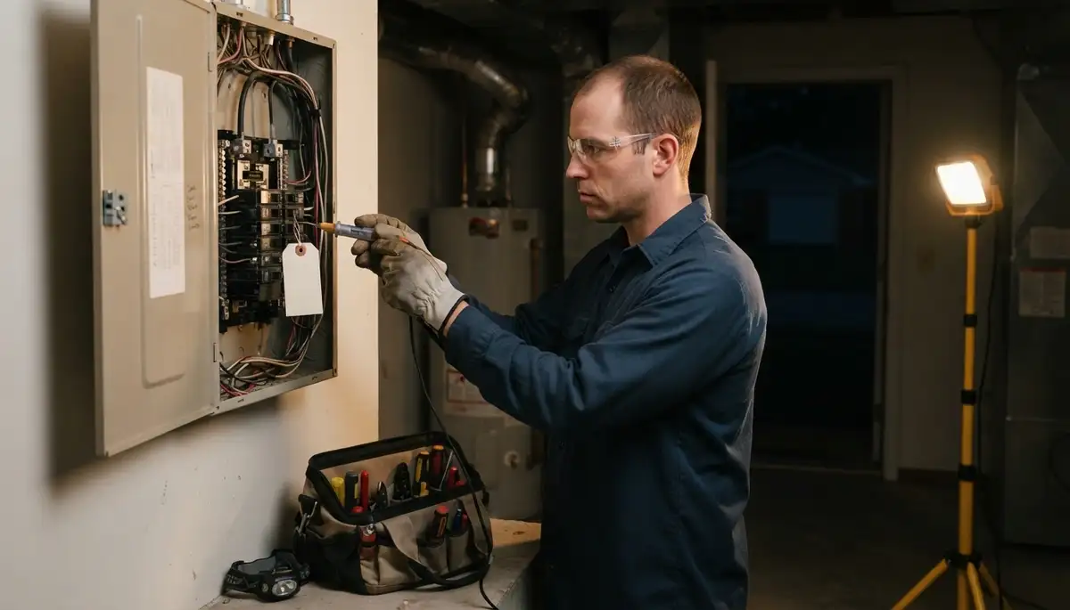 Electrician testing a tripped breaker panel during emergency repair in East Peoria, IL
