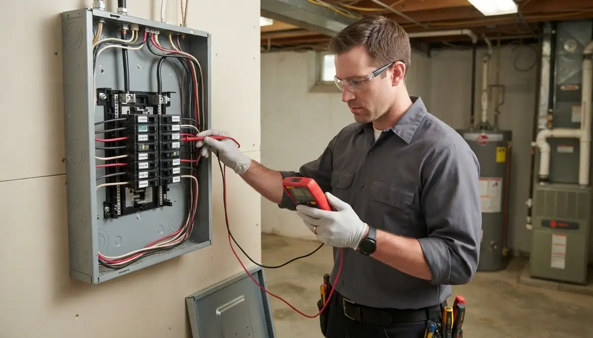 Electrician in Peoria, IL testing voltage and polarity on branch circuits after panel installation