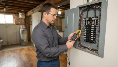 Electrician uses a clamp meter at an electrical panel during a home energy audit in Peoria, IL
