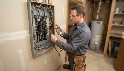 Electrician in Peoria, IL uses a clamp meter to assess an older electrical panel for an upgrade
