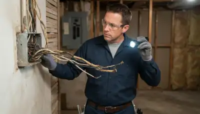 Electrician inspecting aged wiring inside an open junction box in a Peoria, IL home
