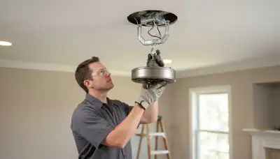 Electrician installs a fan-rated box and ceiling fan motor in Peoria, IL