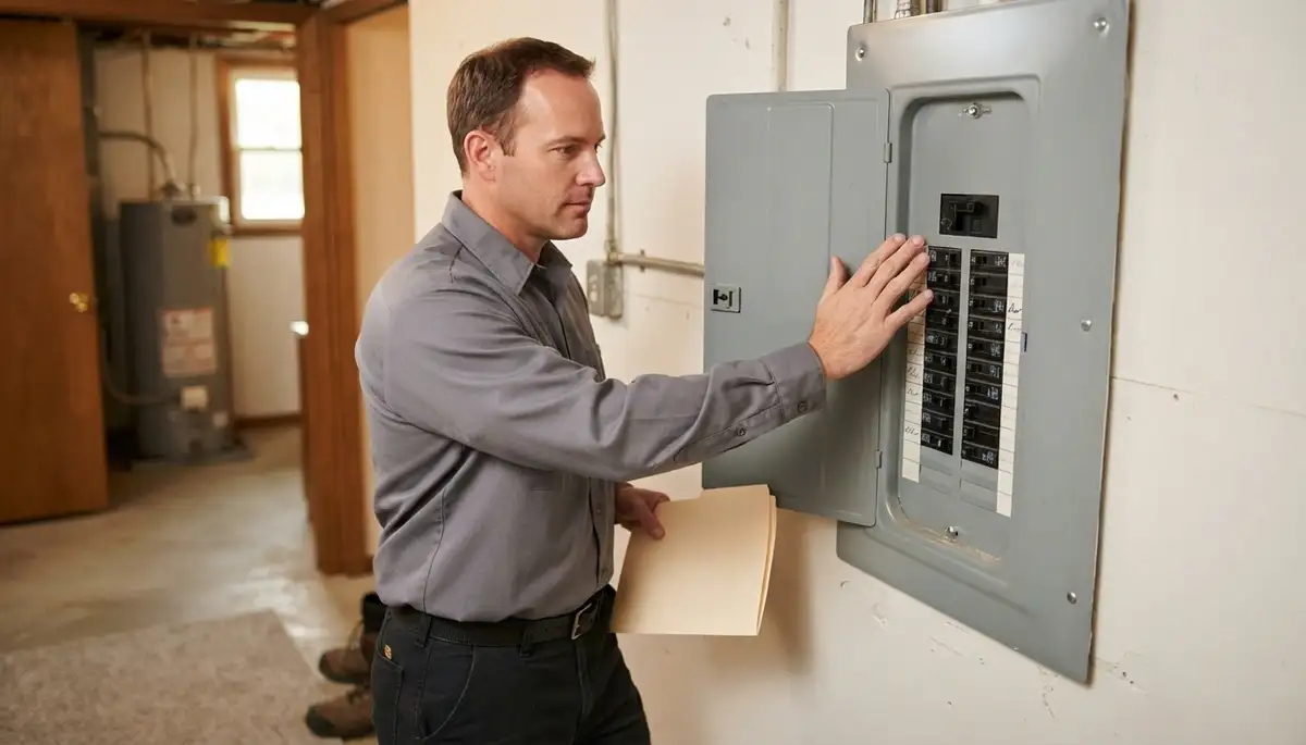 Electrician reviews home energy audit recommendations beside an electrical panel with a Peoria, IL homeowner