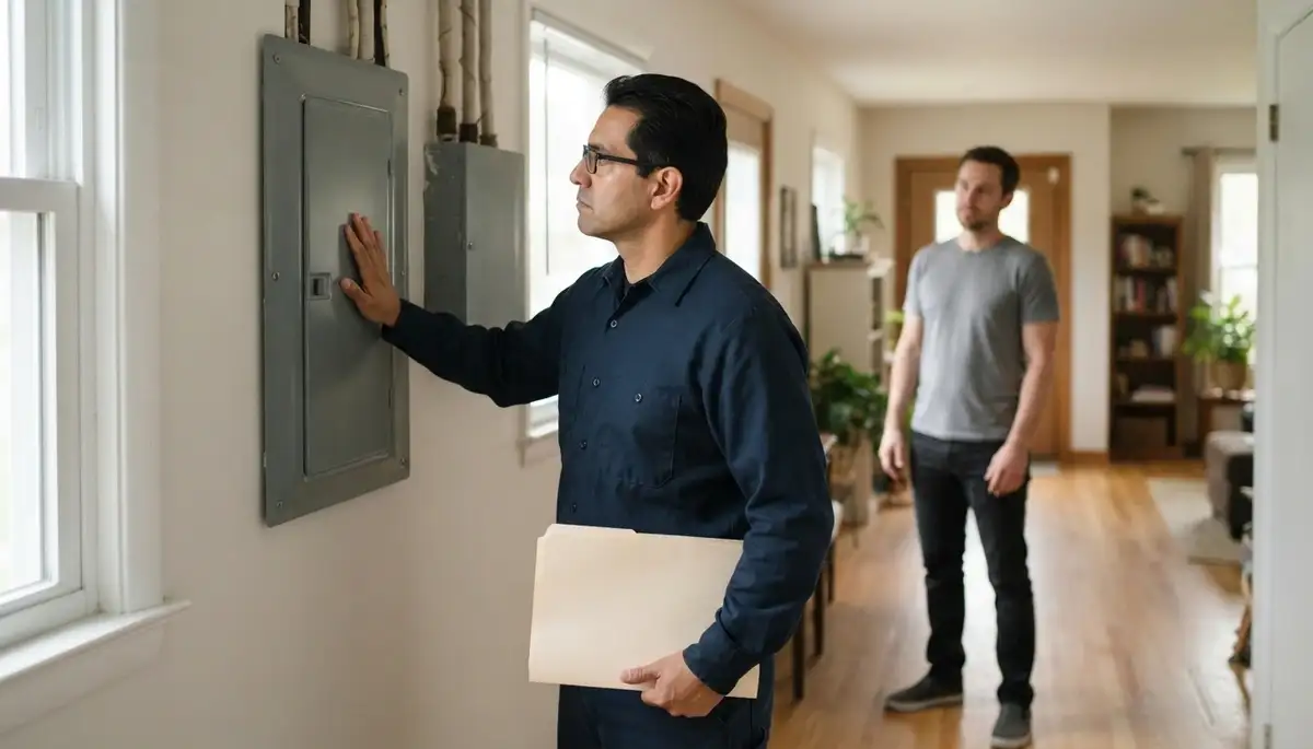 Peoria, IL electrician reviews home electrical inspection findings with homeowner beside a closed electrical panel