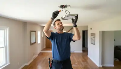 Electrician installs ceiling light fixture wiring in a Peoria, IL home