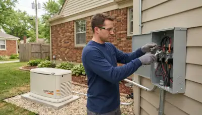 Electrician connects transfer switch conductors during generator installation in Peoria, IL
