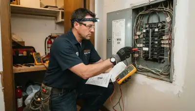 Electrician assessing GFCI circuits in an open electrical panel inside a Peoria, IL home