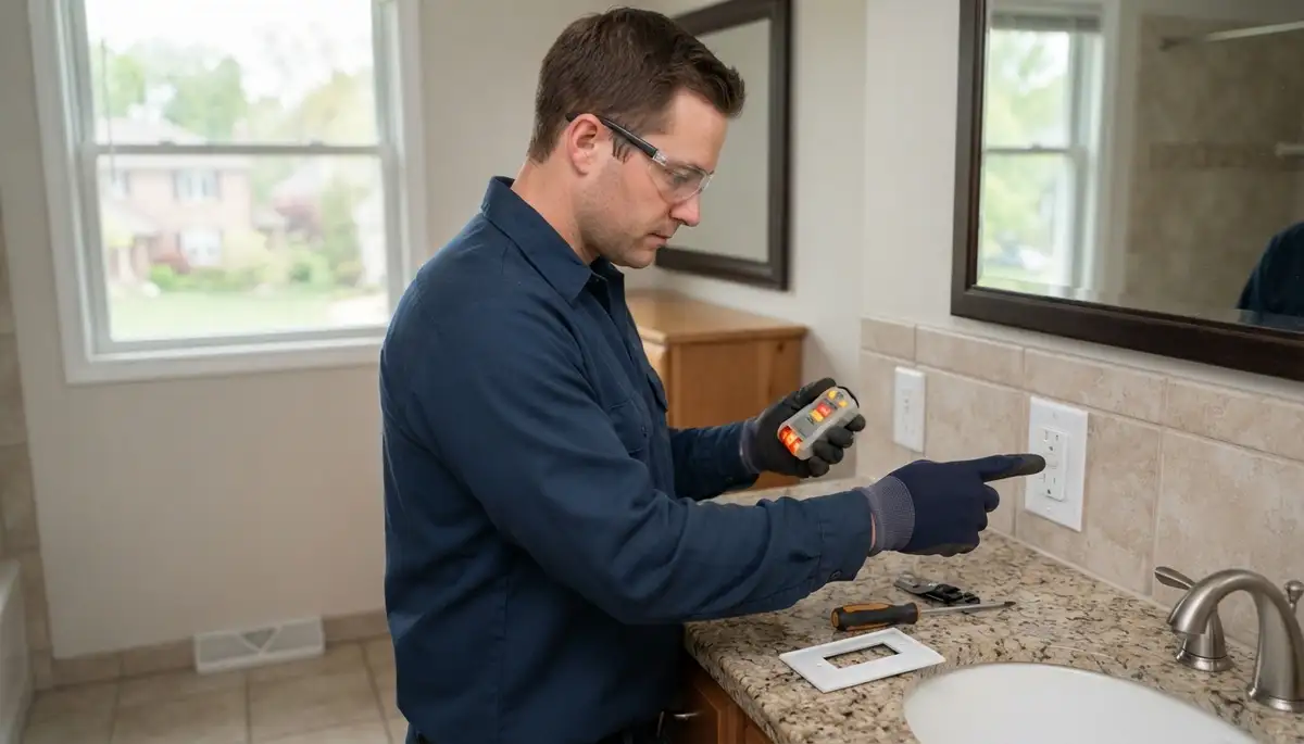 Electrician installs GFCI outlet for wet-area ground-fault protection in a Creve Coeur, IL home