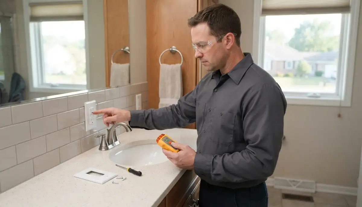 Electrician installing a GFCI outlet in a Glasford, IL bathroom for wet-area protection