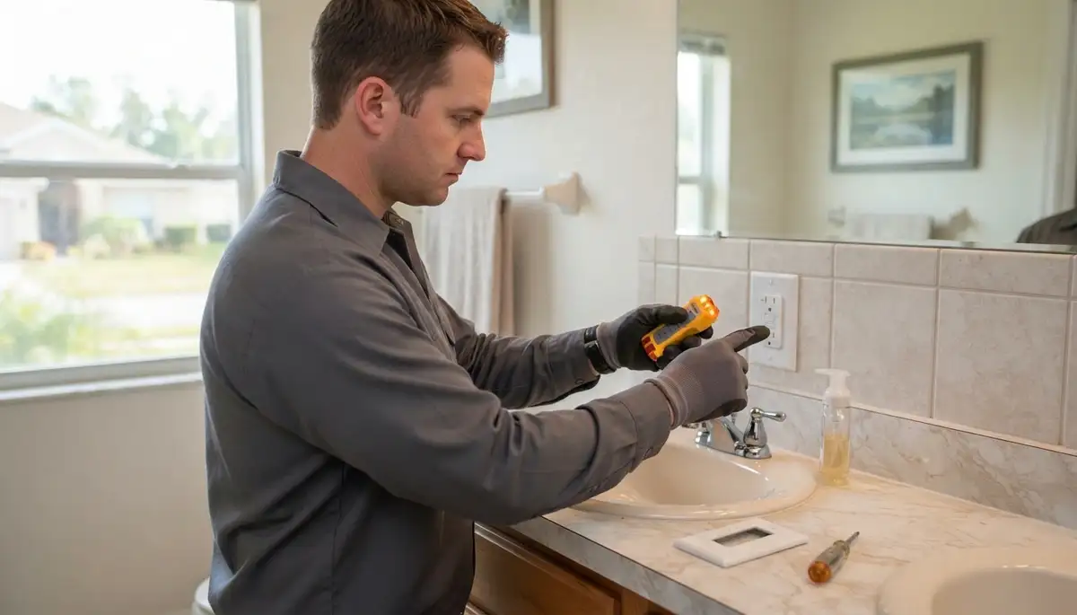 Electrician-installed GFCI outlet providing ground-fault protection in a Groveland, IL wet area near Peoria