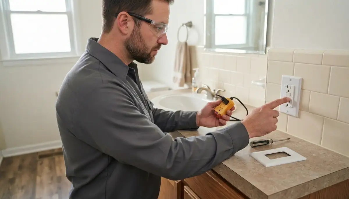 Electrician installing a GFCI outlet near a kitchen sink in South Pekin, IL